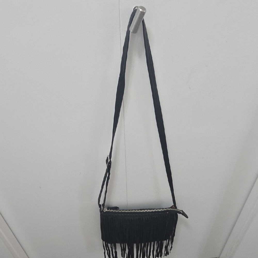 Chic Black Leather Crossbody Bag with Fringe